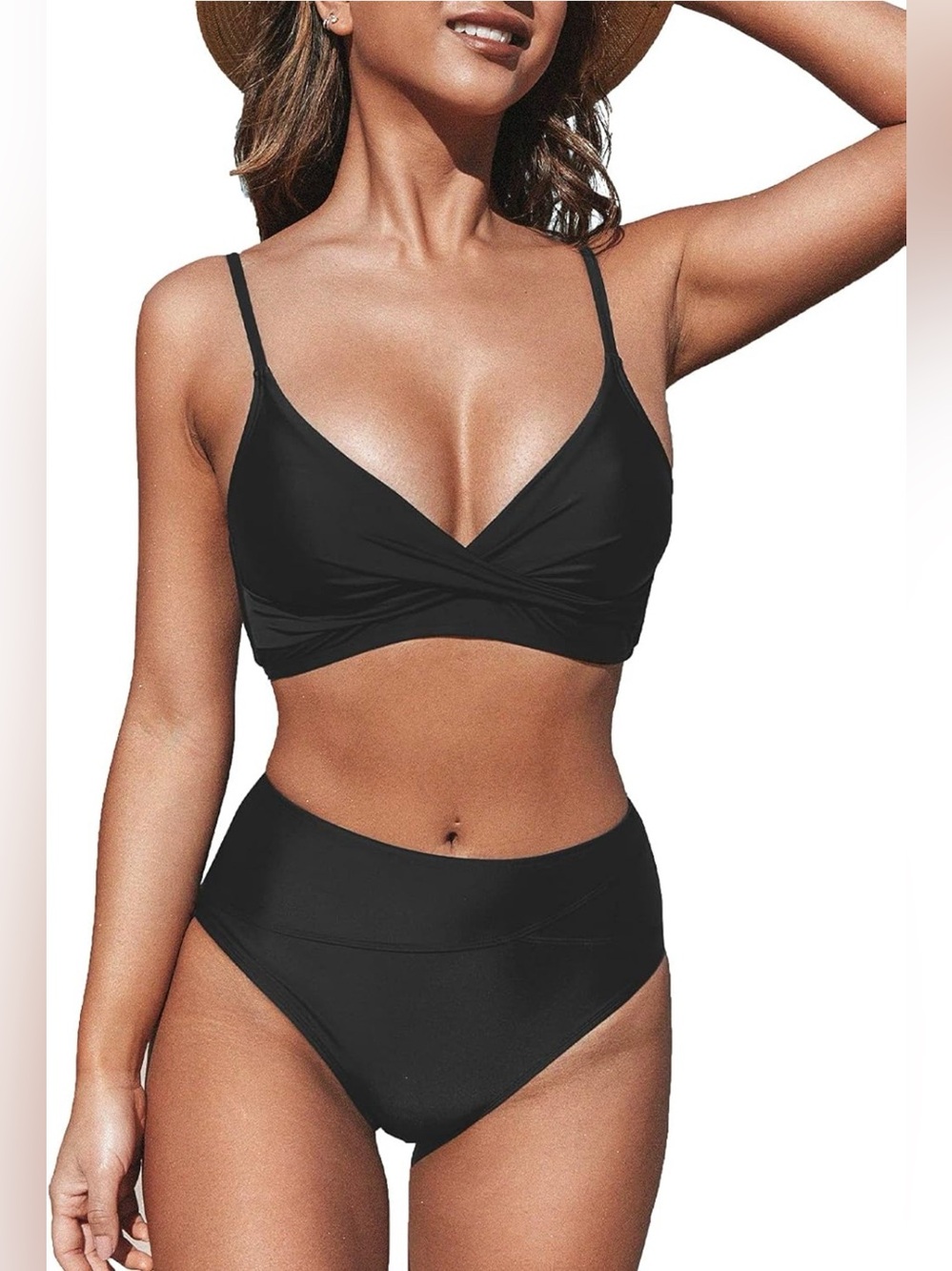 CUPSHE Two Piece Swimsuit High Waisted V NeckTwistFrontAdjustableSpaghettiStraps